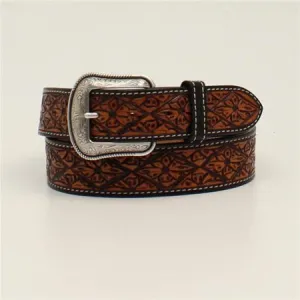 3D Belt Company Men's Tan Hand Tooled Diamond Floral Belt