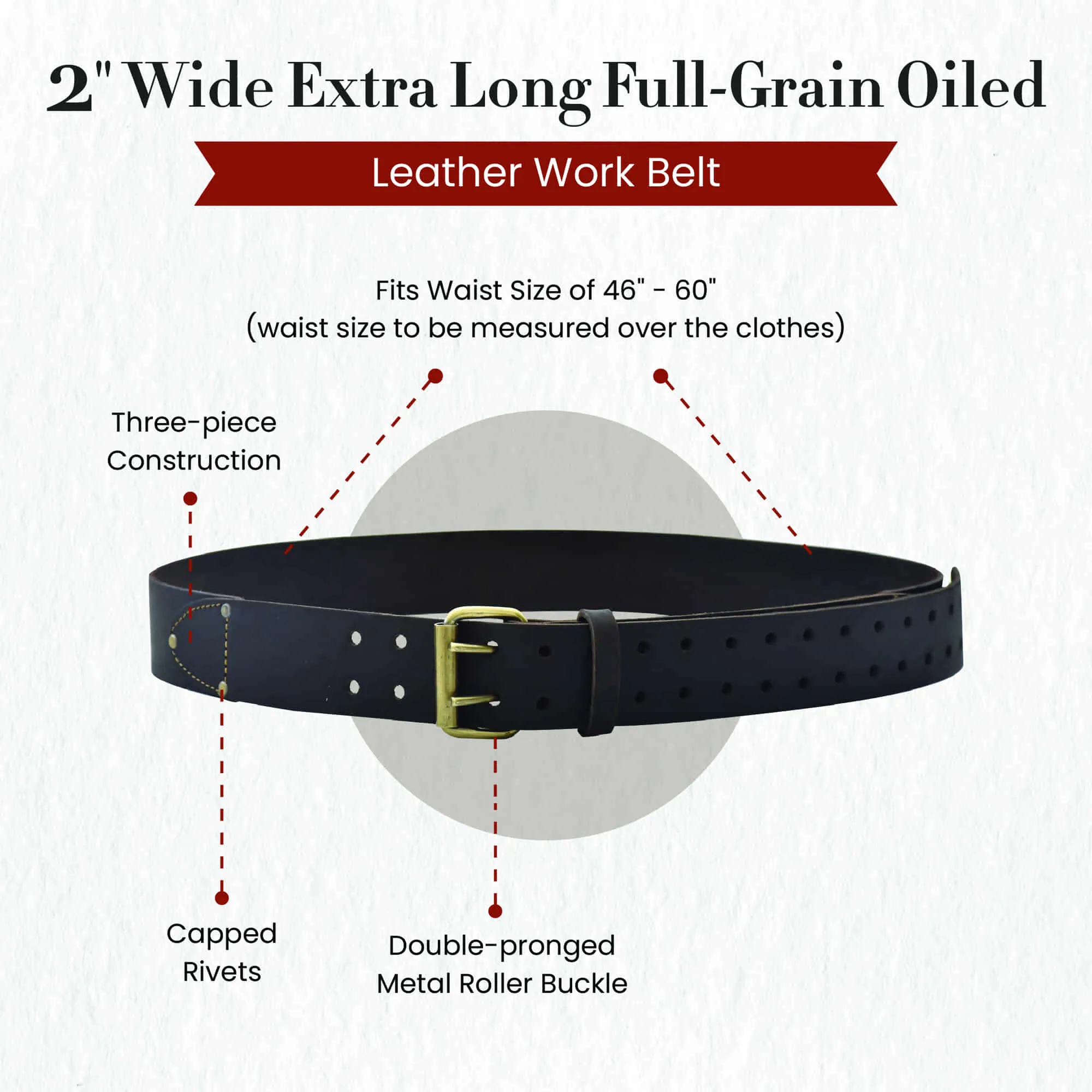 74053 - 2 Inch Wide - Extra Long - Work Belt in Oiled Leather in Dark Brown | Style n Craft