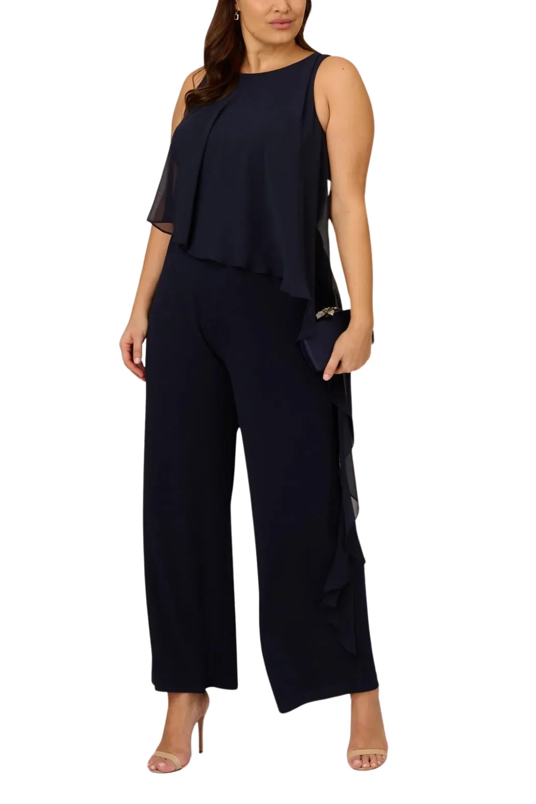 Adrianna Papell Chiffon Crepe Wide Leg Boat Neck Jumpsuit ( Plus Size )