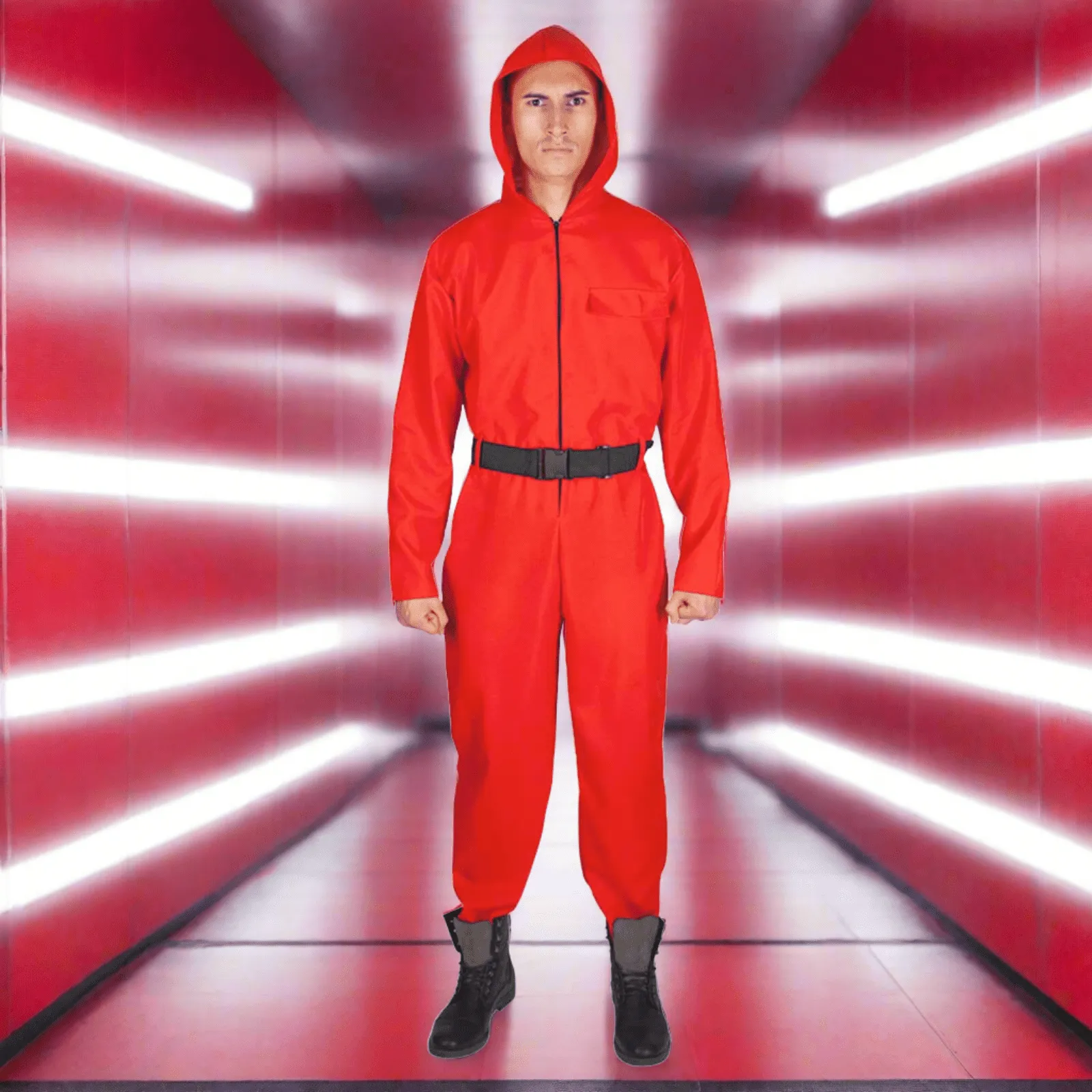 Adults Hooded Jumpsuit with Belt Red TV Game Fancy Dress