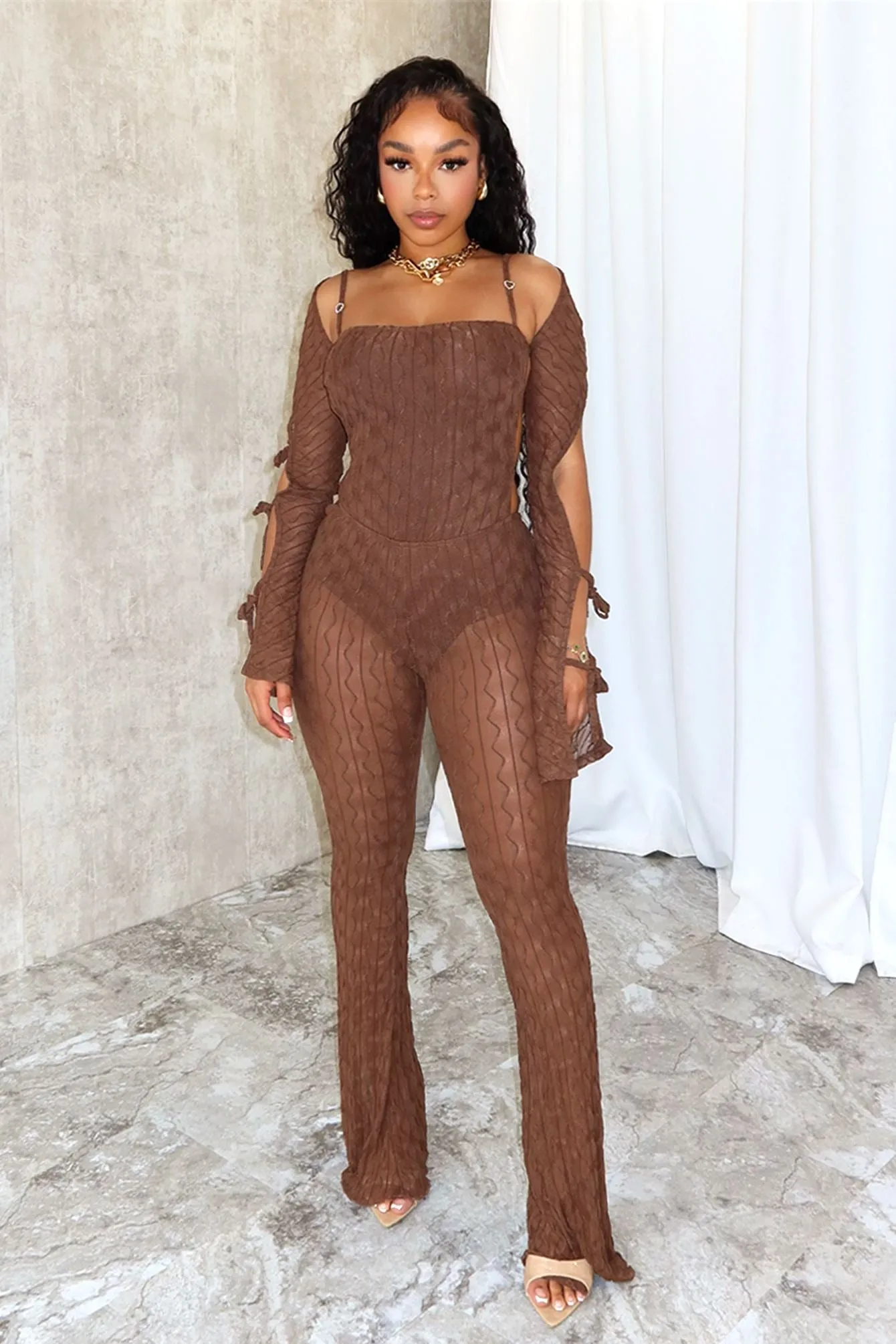 Alexi Mesh Textured Jumpsuit With Shrug