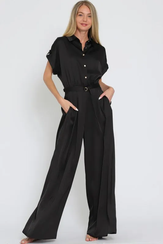 Alicia Short Sleeve Waist Tie Wide Leg Satin Jumpsuit Black