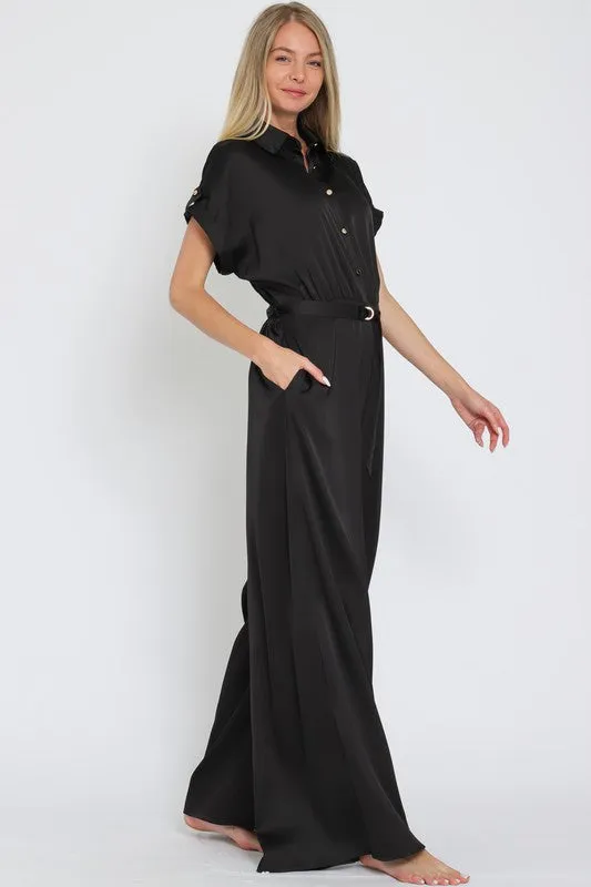 Alicia Short Sleeve Waist Tie Wide Leg Satin Jumpsuit Black