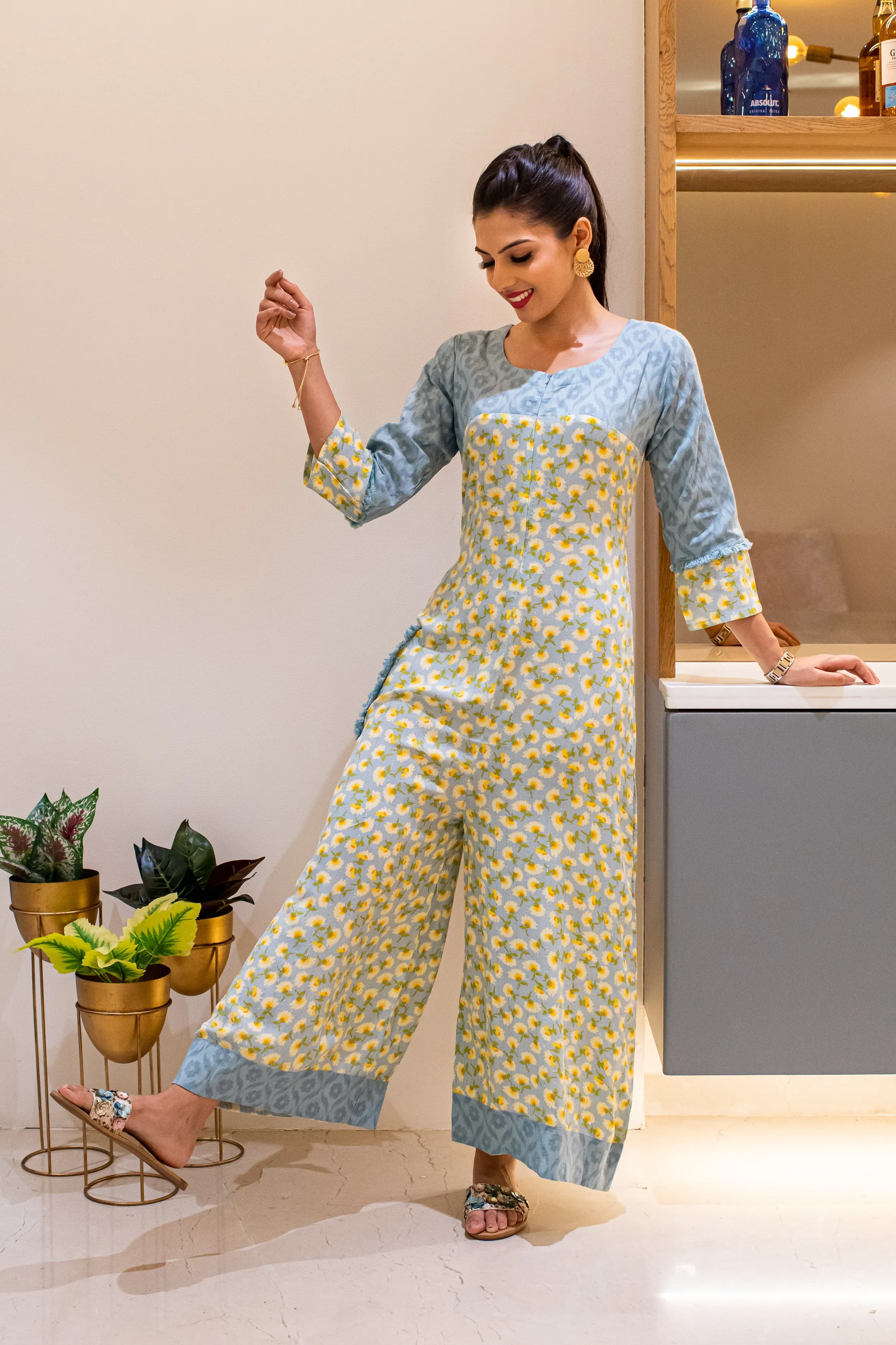 ALLOY- Blue Floral Jumpsuit With Side Patch Pocket.