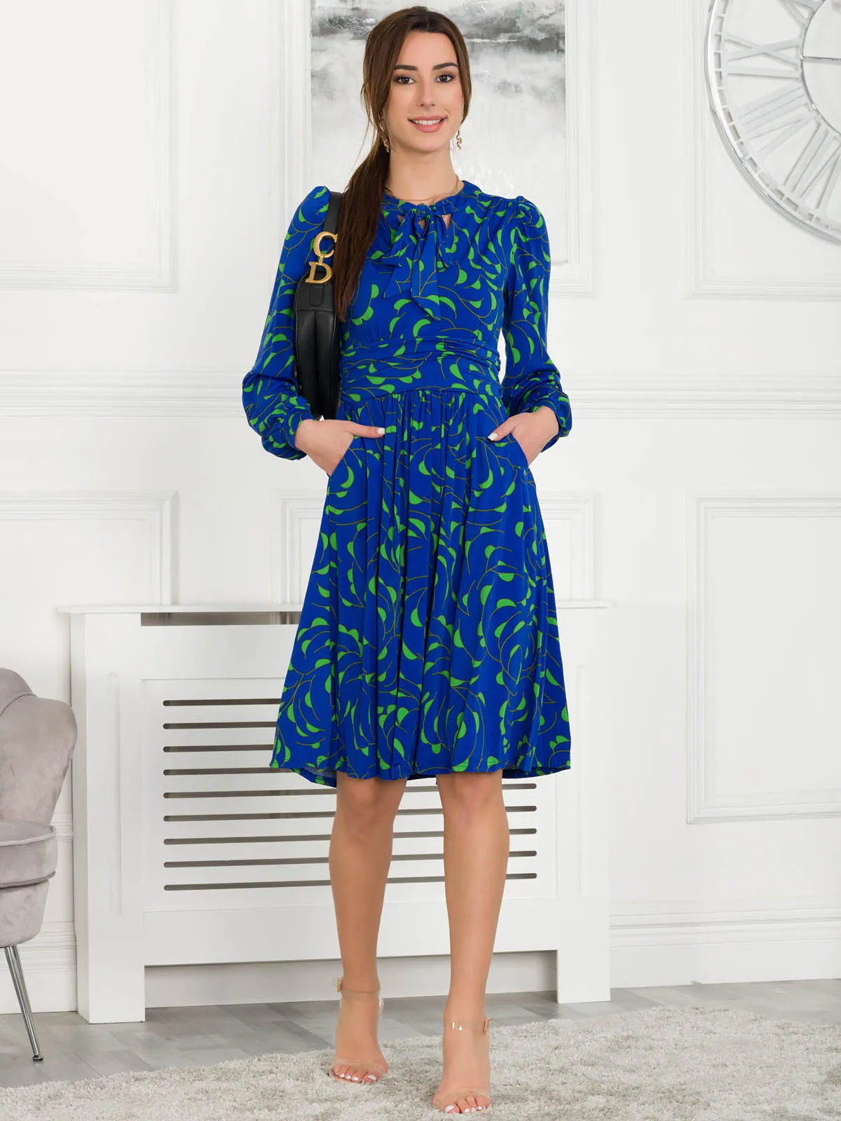 Allyn Bow Neck Long Sleeve Dress, Royal Multi