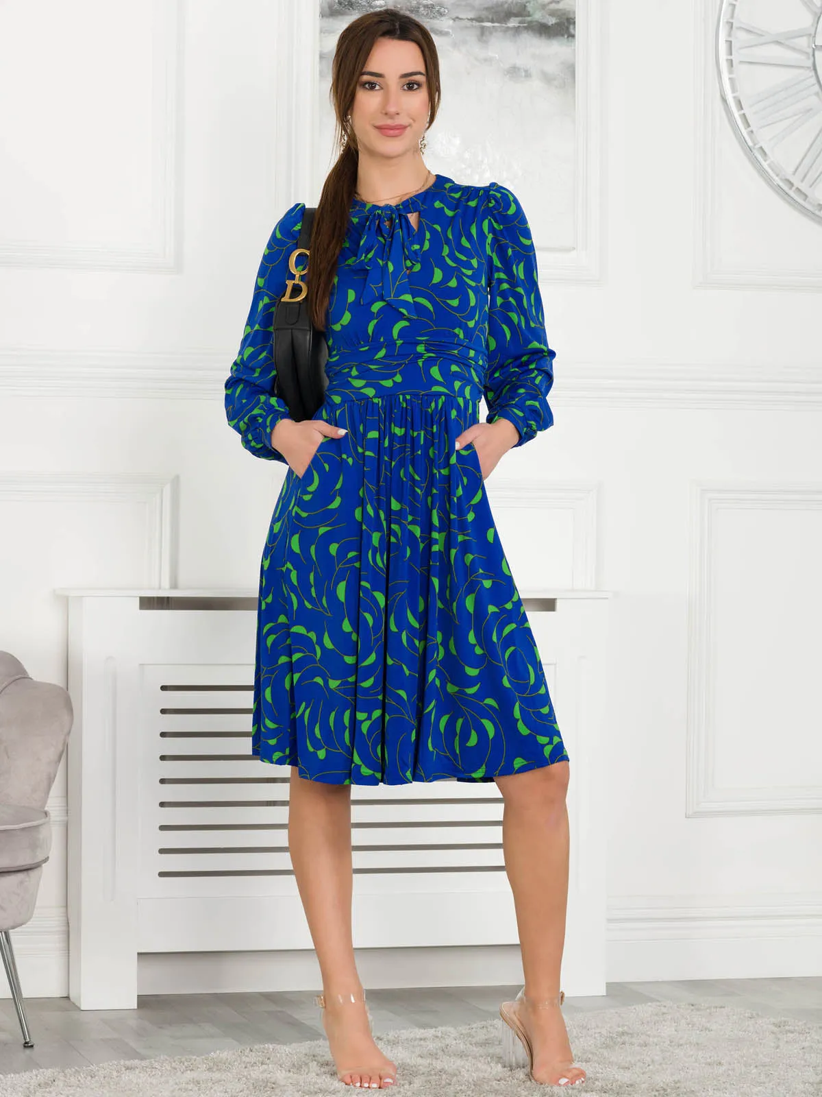 Allyn Bow Neck Long Sleeve Dress, Royal Multi