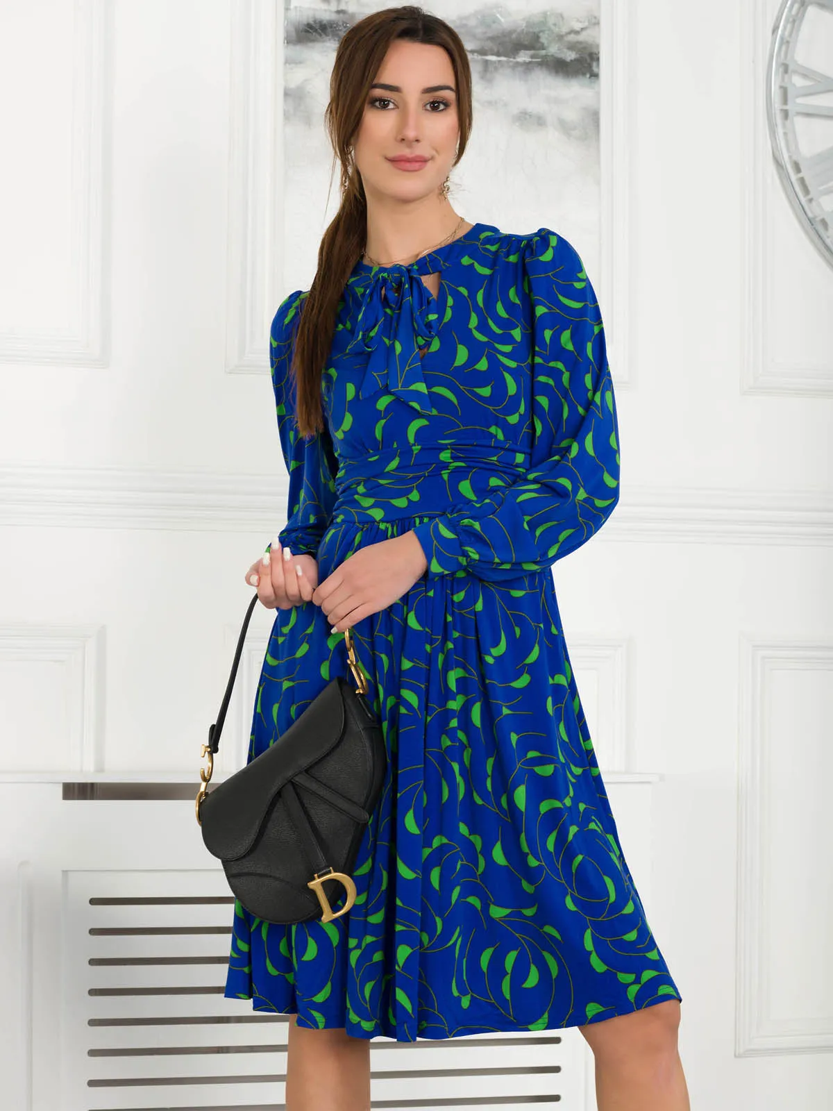 Allyn Bow Neck Long Sleeve Dress, Royal Multi