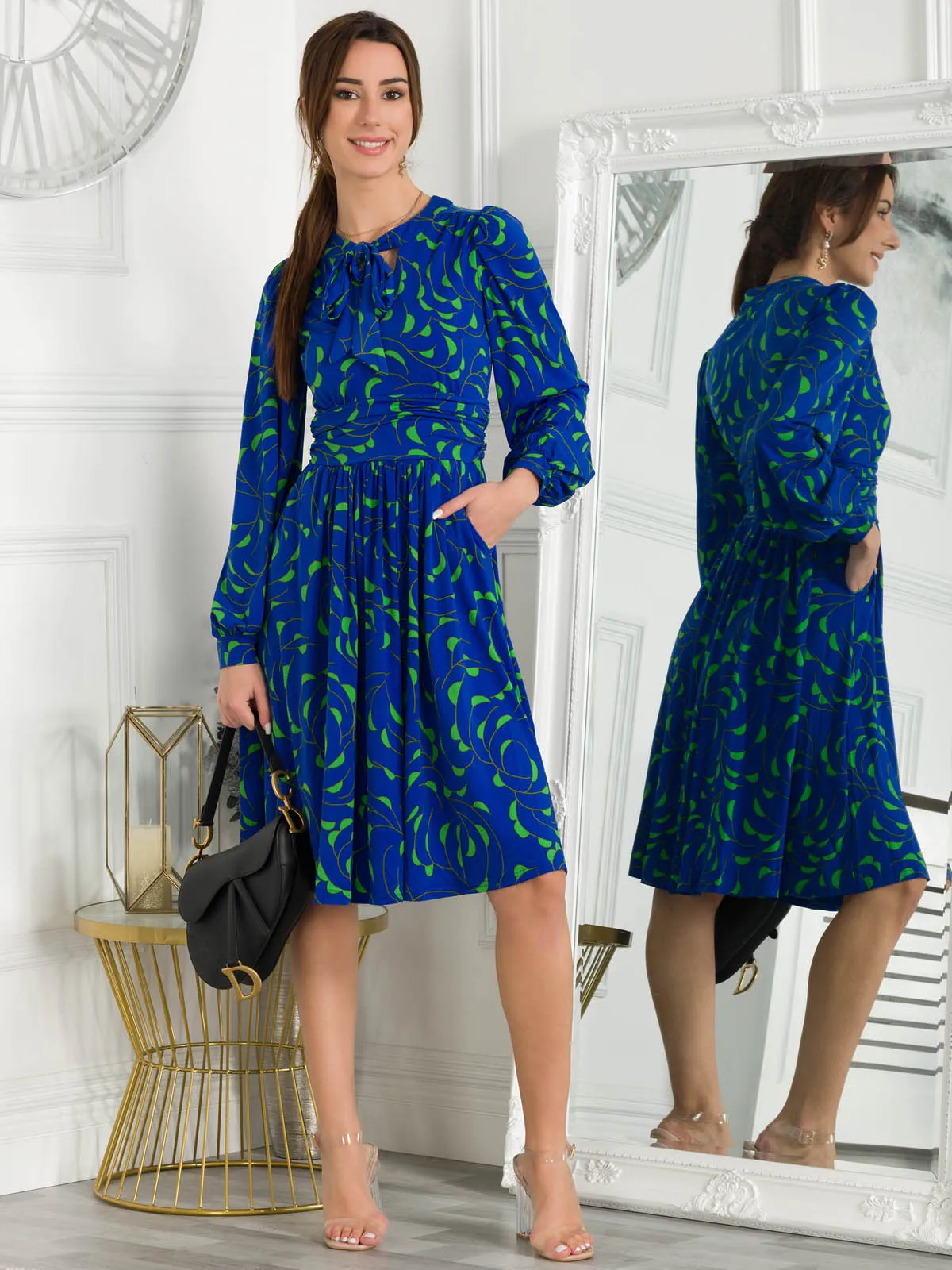 Allyn Bow Neck Long Sleeve Dress, Royal Multi