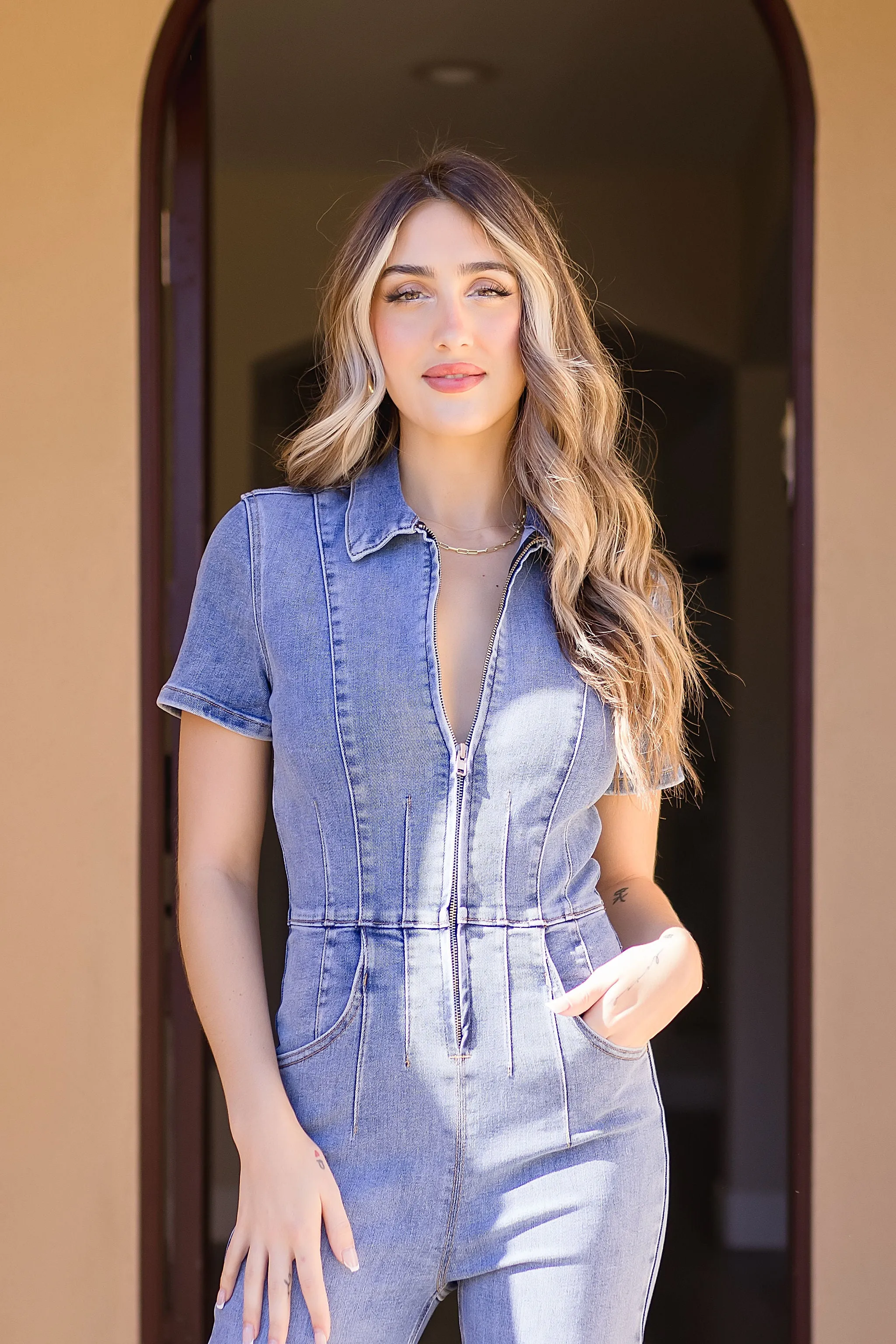 Amelia Short Sleeve Zip Up Flare Leg Denim Jumpsuit Medium Wash