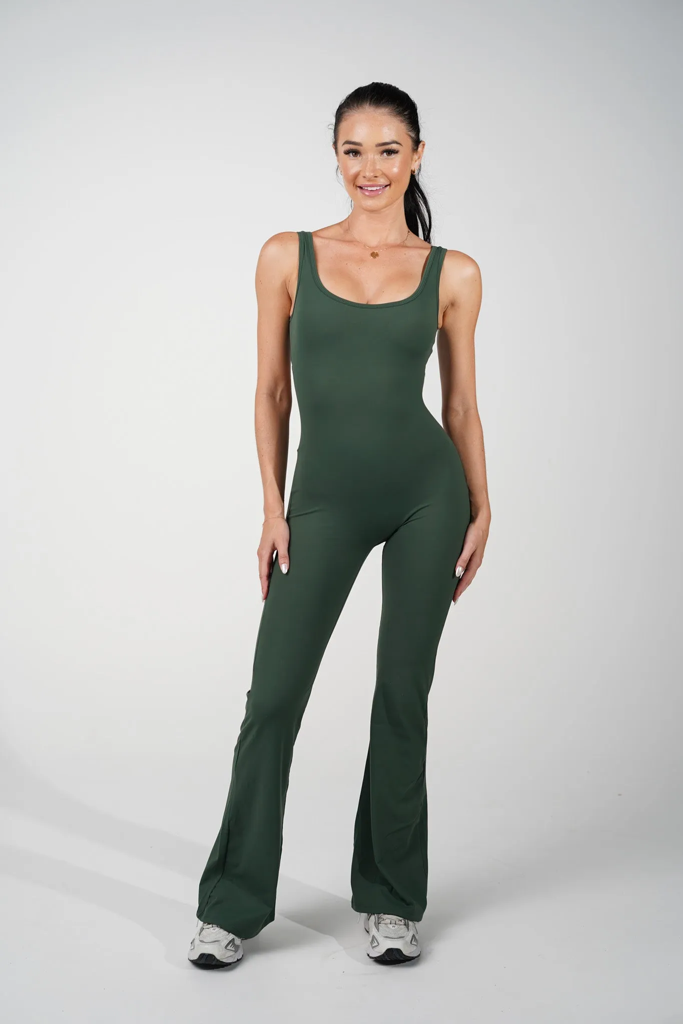 AMORA FLARED JUMPSUIT - FOREST GREEN