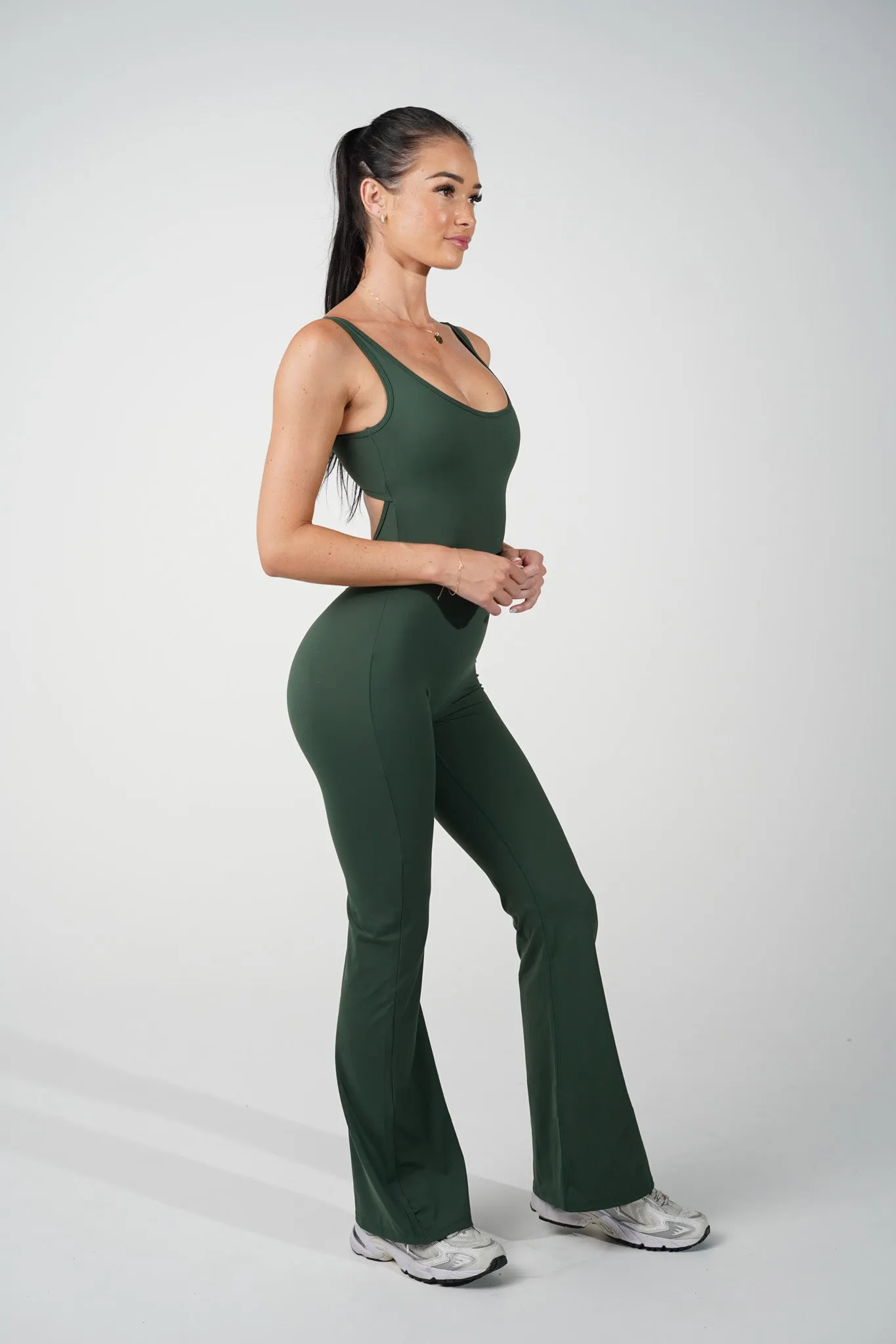 AMORA FLARED JUMPSUIT - FOREST GREEN