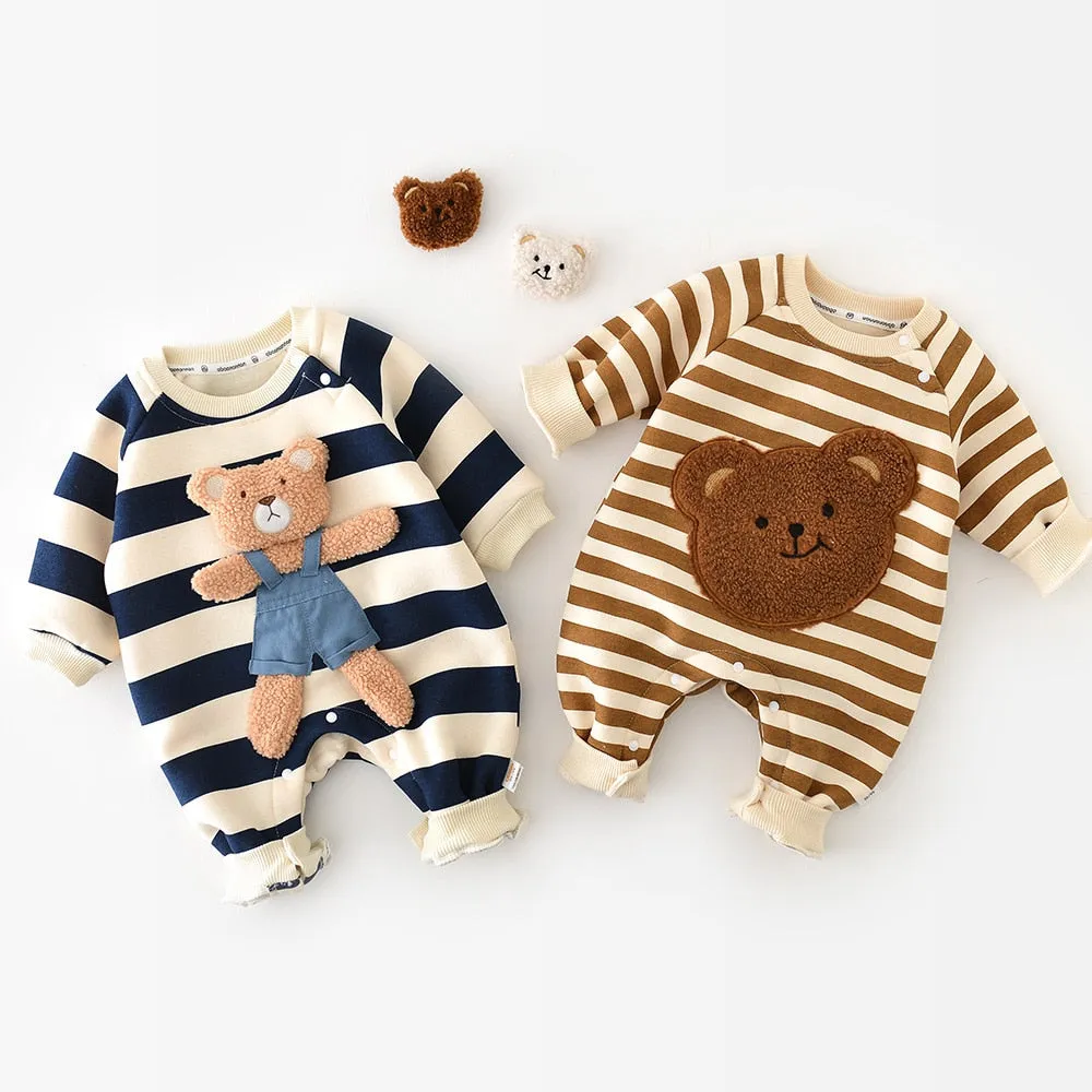 Baby Bear Striped Jumpsuit , Color - Navy