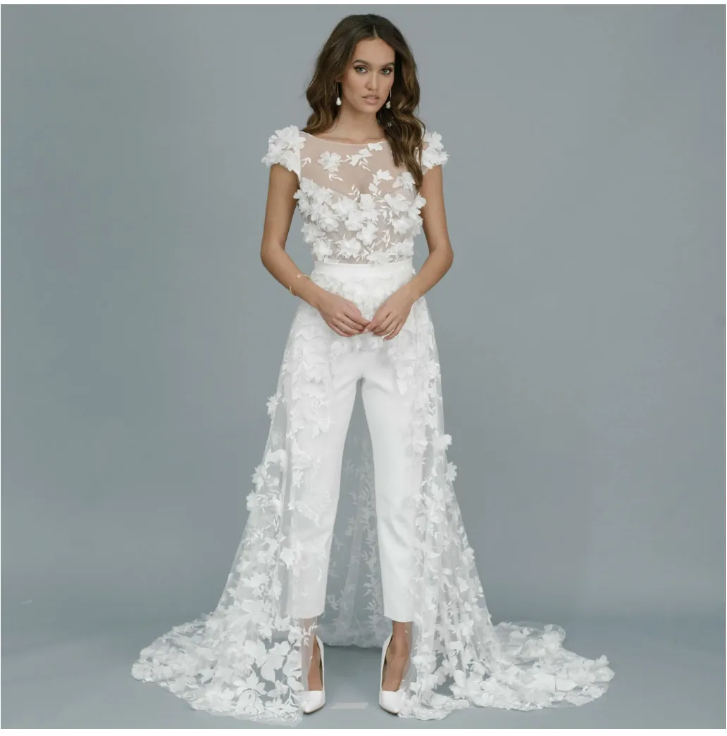 Backless Wedding Jumpsuit 3D Floral Lace Train Bridal Pants Suit