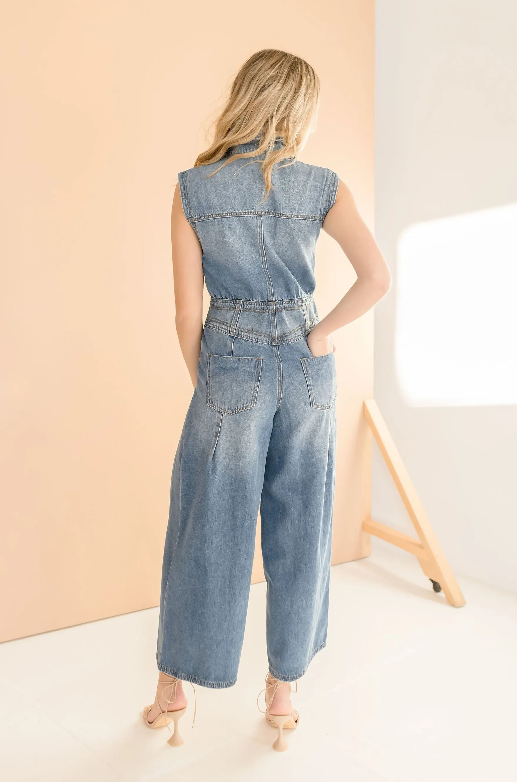 Becca Sleeveless Button Down Denim Jumpsuit Medium Wash