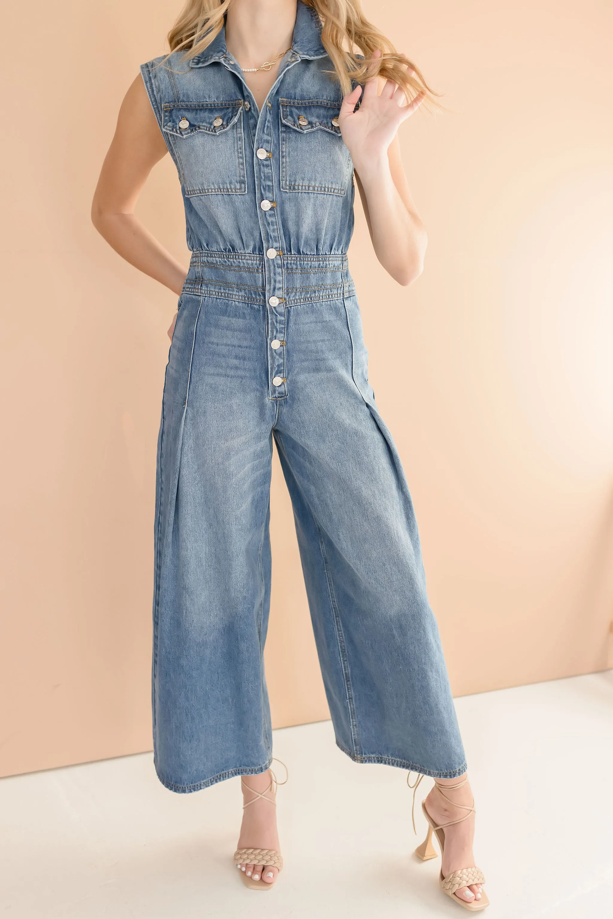 Becca Sleeveless Button Down Denim Jumpsuit Medium Wash