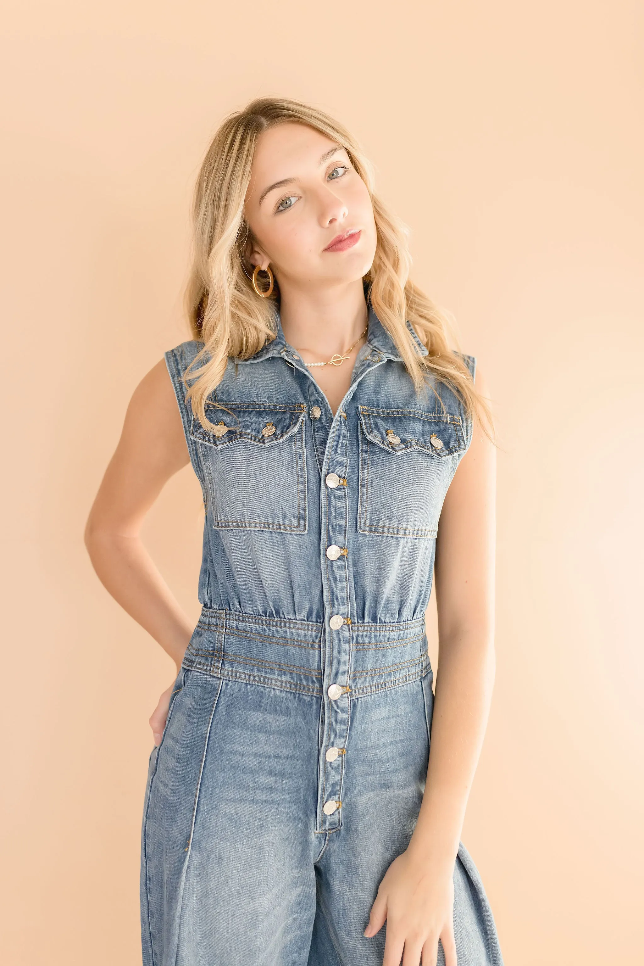 Becca Sleeveless Button Down Denim Jumpsuit Medium Wash