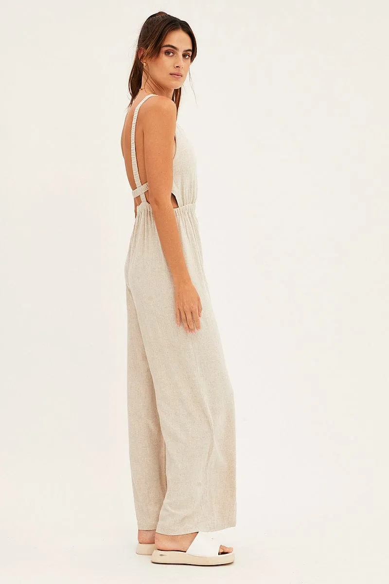 Beige Sleeveless Jumpsuit Wide Leg Viscose Linen