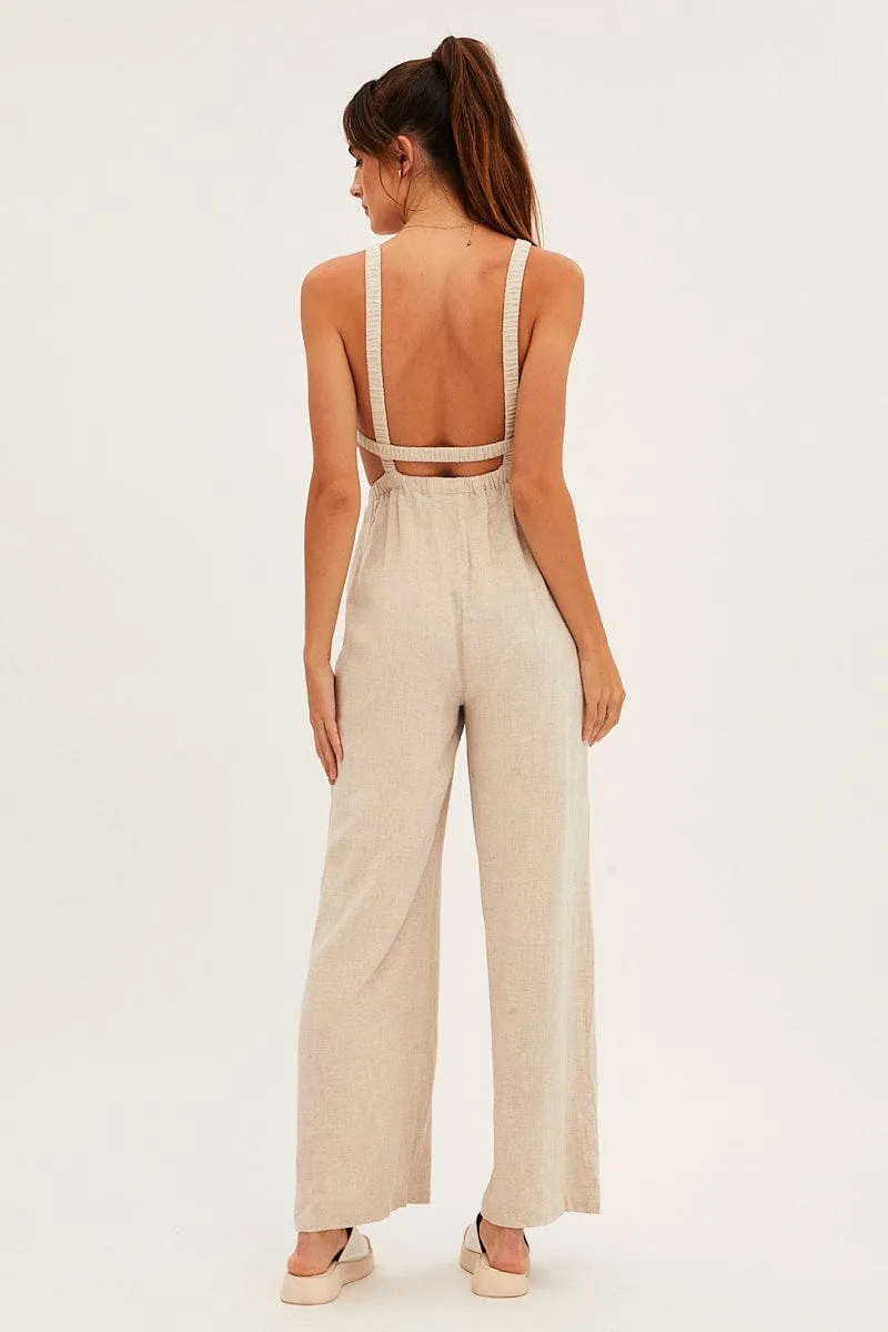 Beige Sleeveless Jumpsuit Wide Leg Viscose Linen