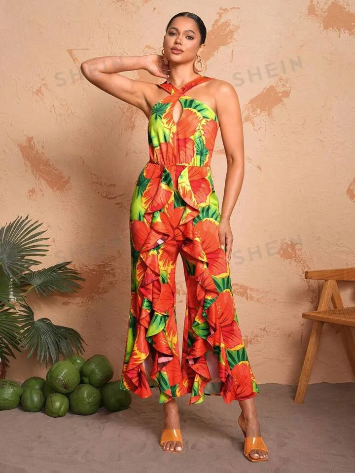 BELANGE HANDMADE X SHEIN - Full Print Halter Neck Wide Leg Jumpsuit With Slit And Ruffle Hem- Available on SHEIN.COM Only