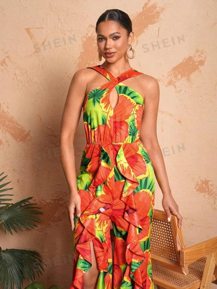 BELANGE HANDMADE X SHEIN - Full Print Halter Neck Wide Leg Jumpsuit With Slit And Ruffle Hem- Available on SHEIN.COM Only