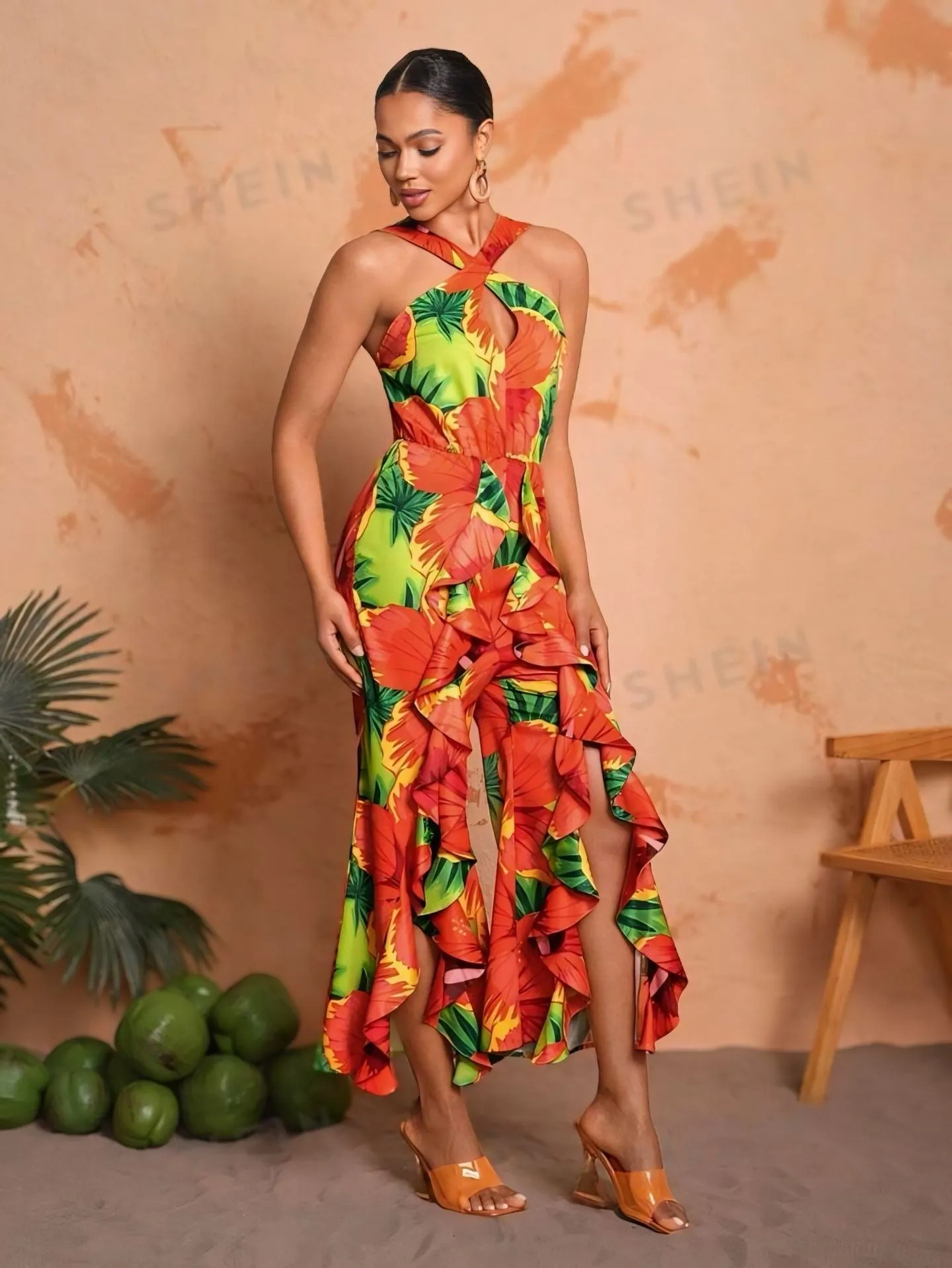 BELANGE HANDMADE X SHEIN - Full Print Halter Neck Wide Leg Jumpsuit With Slit And Ruffle Hem- Available on SHEIN.COM Only