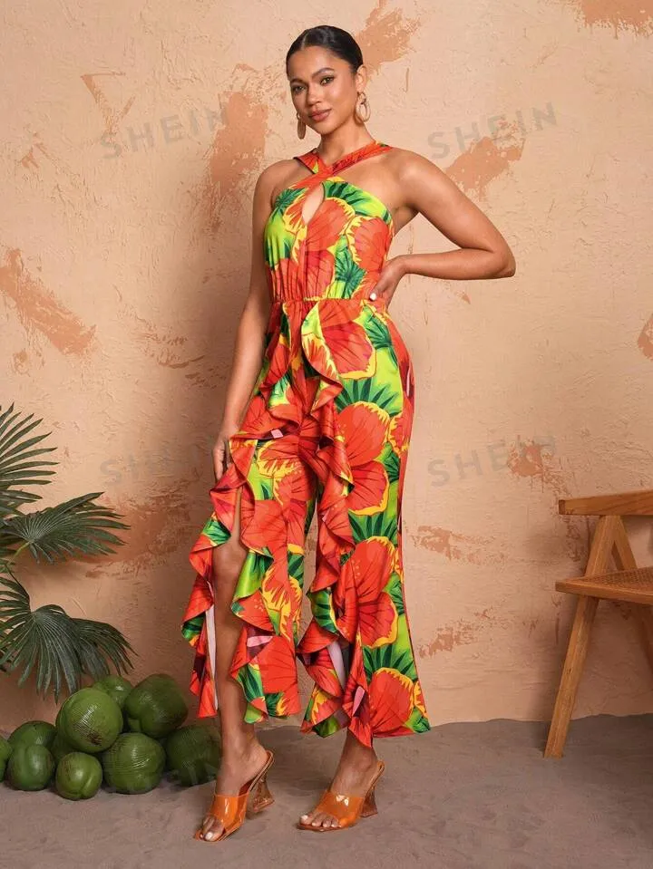 BELANGE HANDMADE X SHEIN - Full Print Halter Neck Wide Leg Jumpsuit With Slit And Ruffle Hem- Available on SHEIN.COM Only