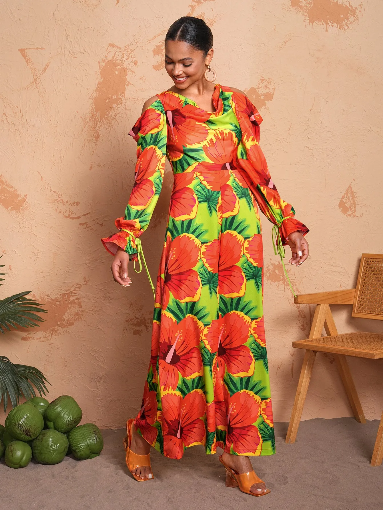 BELANGE HANDMADE X SHEIN - Vacation Style V Neck Floral Print Wide Leg Jumpsuit With Flared Sleeves And Cut-Out Shoulders- Available on SHEIN.COM Only