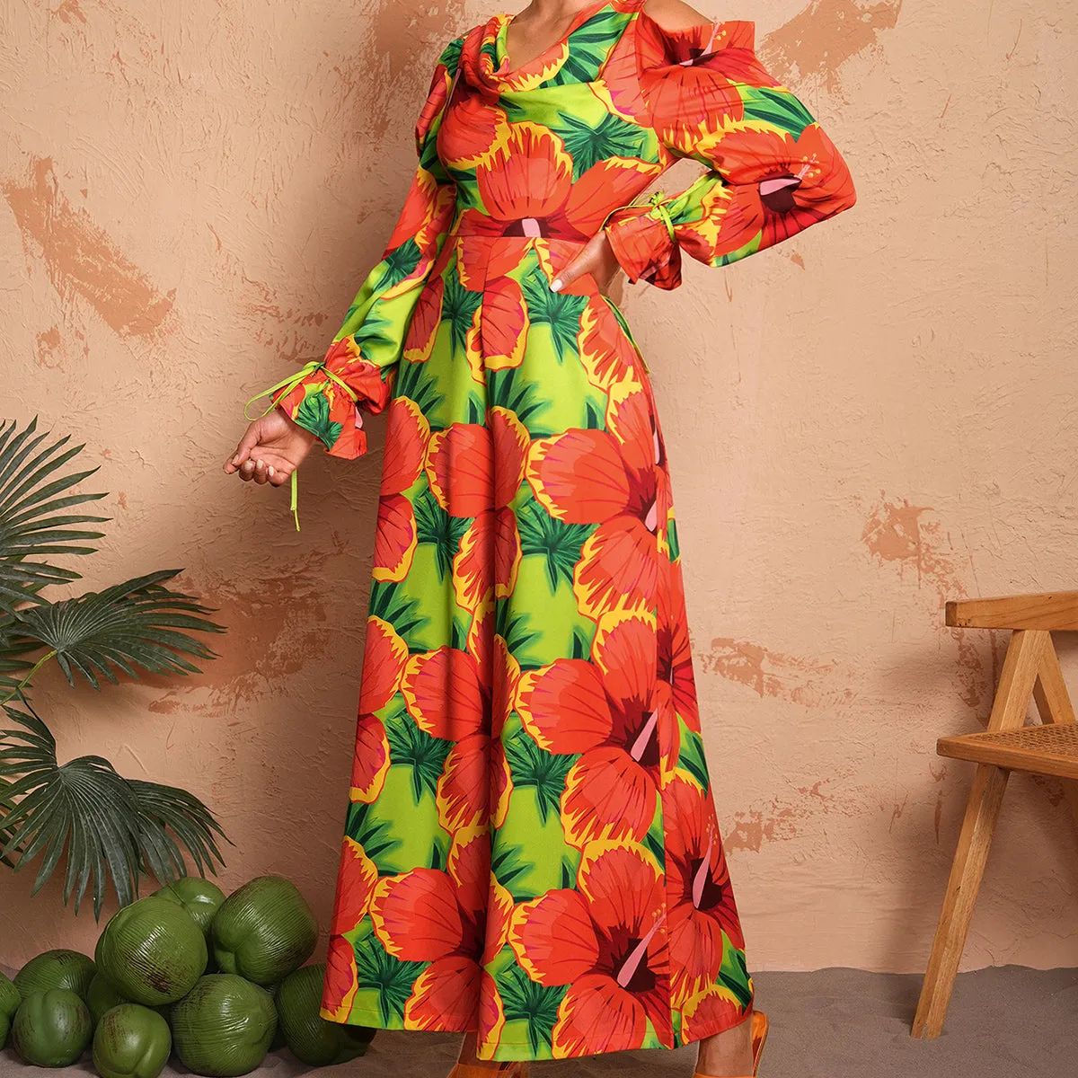 BELANGE HANDMADE X SHEIN - Vacation Style V Neck Floral Print Wide Leg Jumpsuit With Flared Sleeves And Cut-Out Shoulders- Available on SHEIN.COM Only