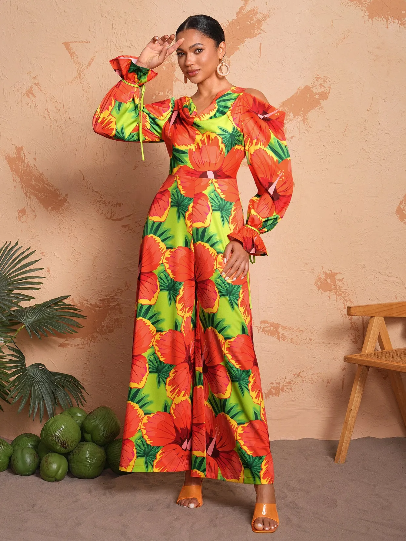 BELANGE HANDMADE X SHEIN - Vacation Style V Neck Floral Print Wide Leg Jumpsuit With Flared Sleeves And Cut-Out Shoulders- Available on SHEIN.COM Only