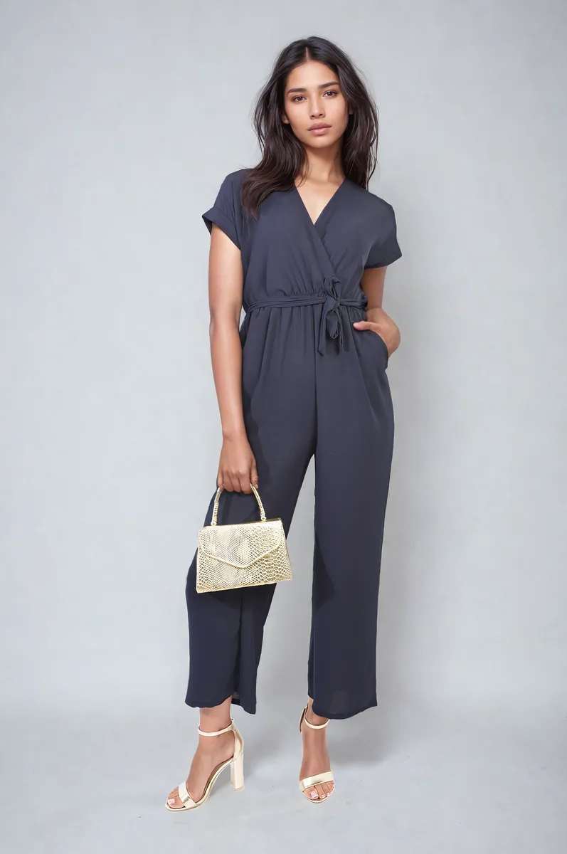 Belted V Neck Jumpsuit with Side Pockets