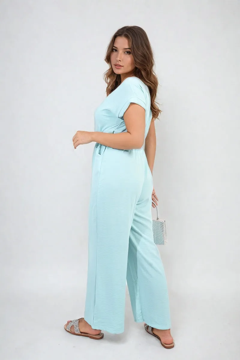 Belted V Neck Jumpsuit with Side Pockets