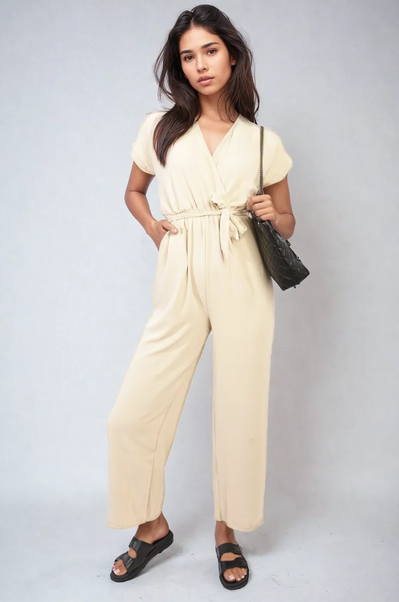 Belted V Neck Jumpsuit with Side Pockets