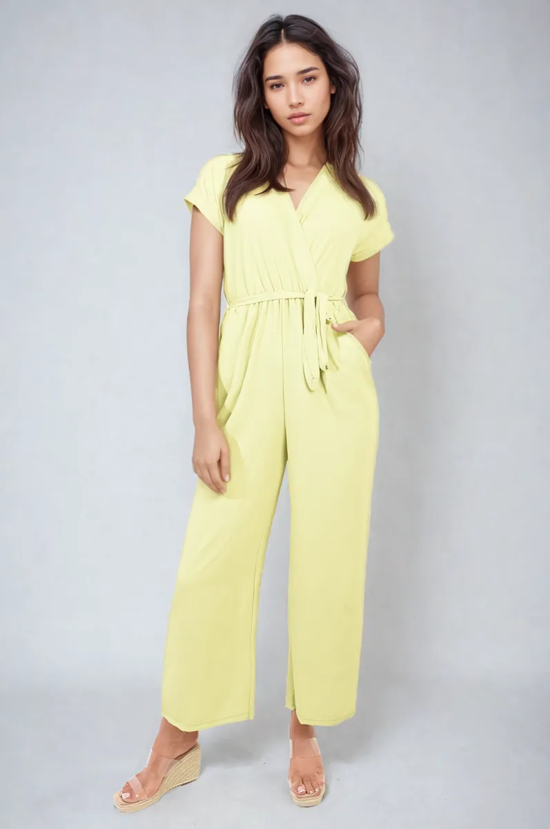 Belted V Neck Jumpsuit with Side Pockets