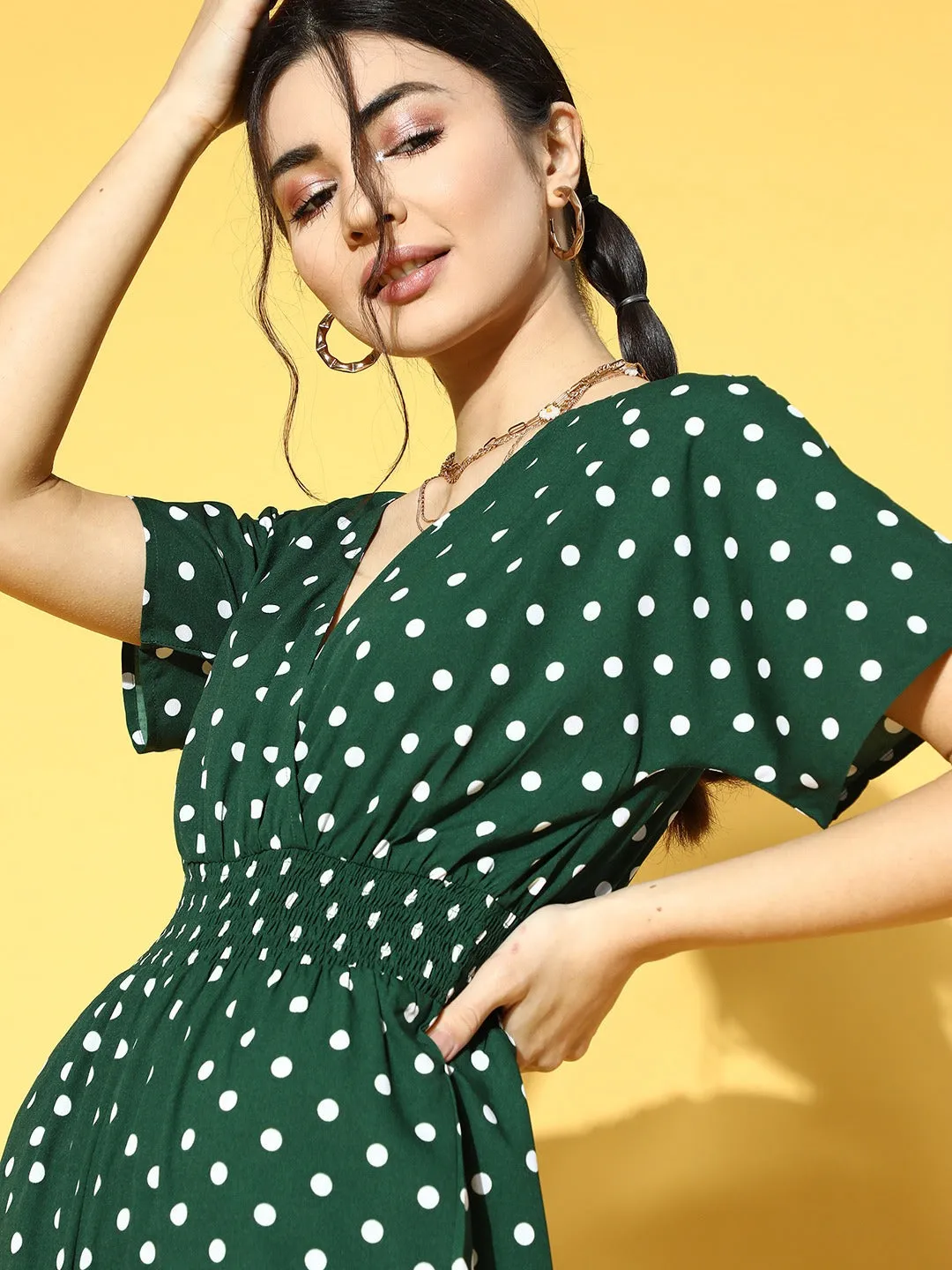 Berrylush Women Green and White Polka Dot Printed V-Neck Side Pocket Wrap Culotte Jumpsuit