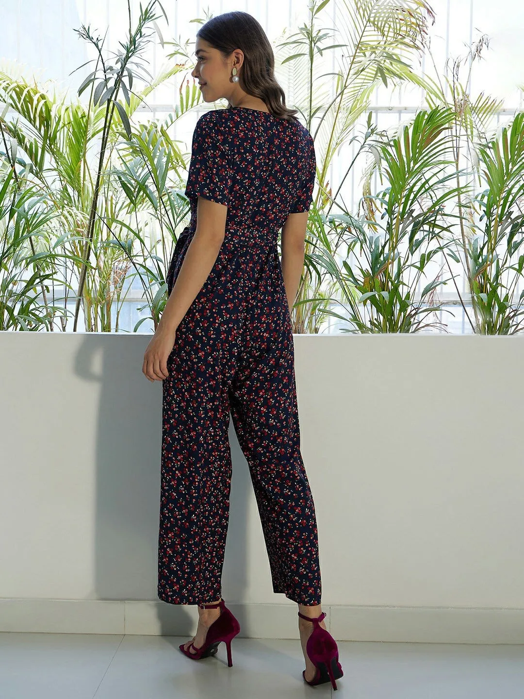 Berrylush Women Navy Blue & Red Floral Printed V-Neck Short Sleeves Waist Tie-Up Basic Jumpsuit