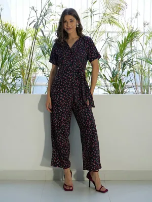 Berrylush Women Navy Blue & Red Floral Printed V-Neck Short Sleeves Waist Tie-Up Basic Jumpsuit