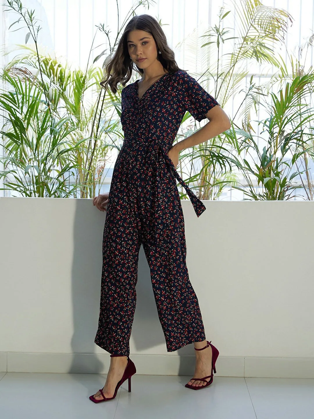 Berrylush Women Navy Blue & Red Floral Printed V-Neck Short Sleeves Waist Tie-Up Basic Jumpsuit