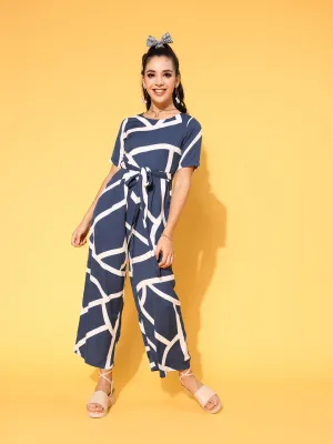 Berrylush Women Navy Blue & White Geometric Printed Round Neck Tie-Up Waist Wide Leg Regular Jumpsuit