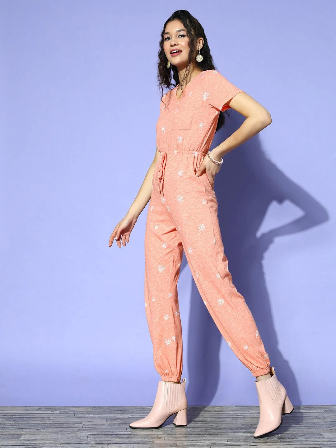 Berrylush Women Pink & White Abstract Printed V-Neck Two-Pocket Tie-Up Waist Cotton Basic Regular Jumpsuit