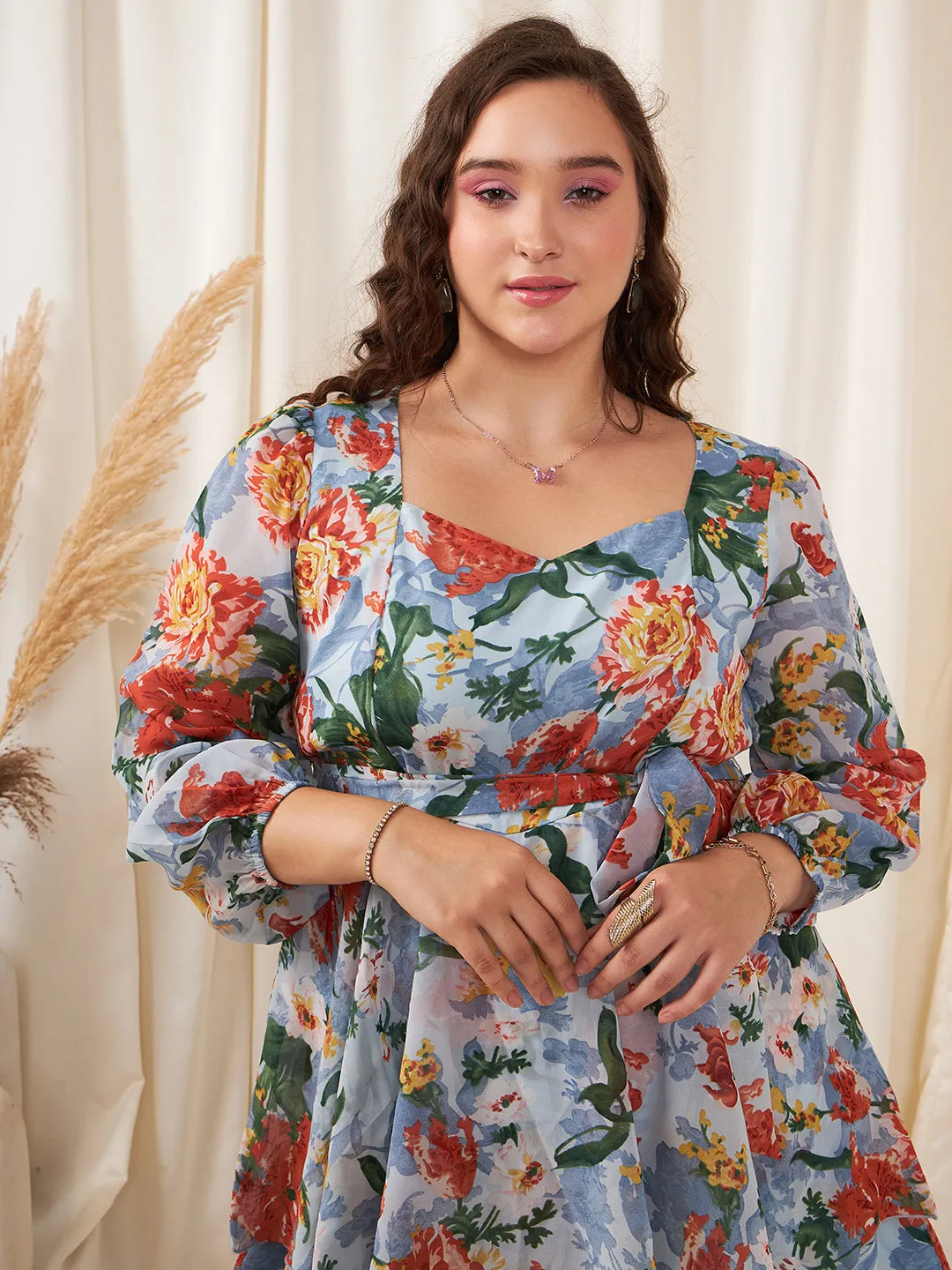 Berrylush Women Plus Size Blue & Red Floral Printed Sweetheart Neck Tie-Up Waist Pleated Mini Jumpsuit