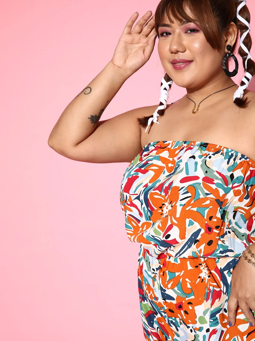 Berrylush Women Plus Size White & Orange Floral Printed Off-Shoulder Neck Gathered Mini Basic Jumpsuit