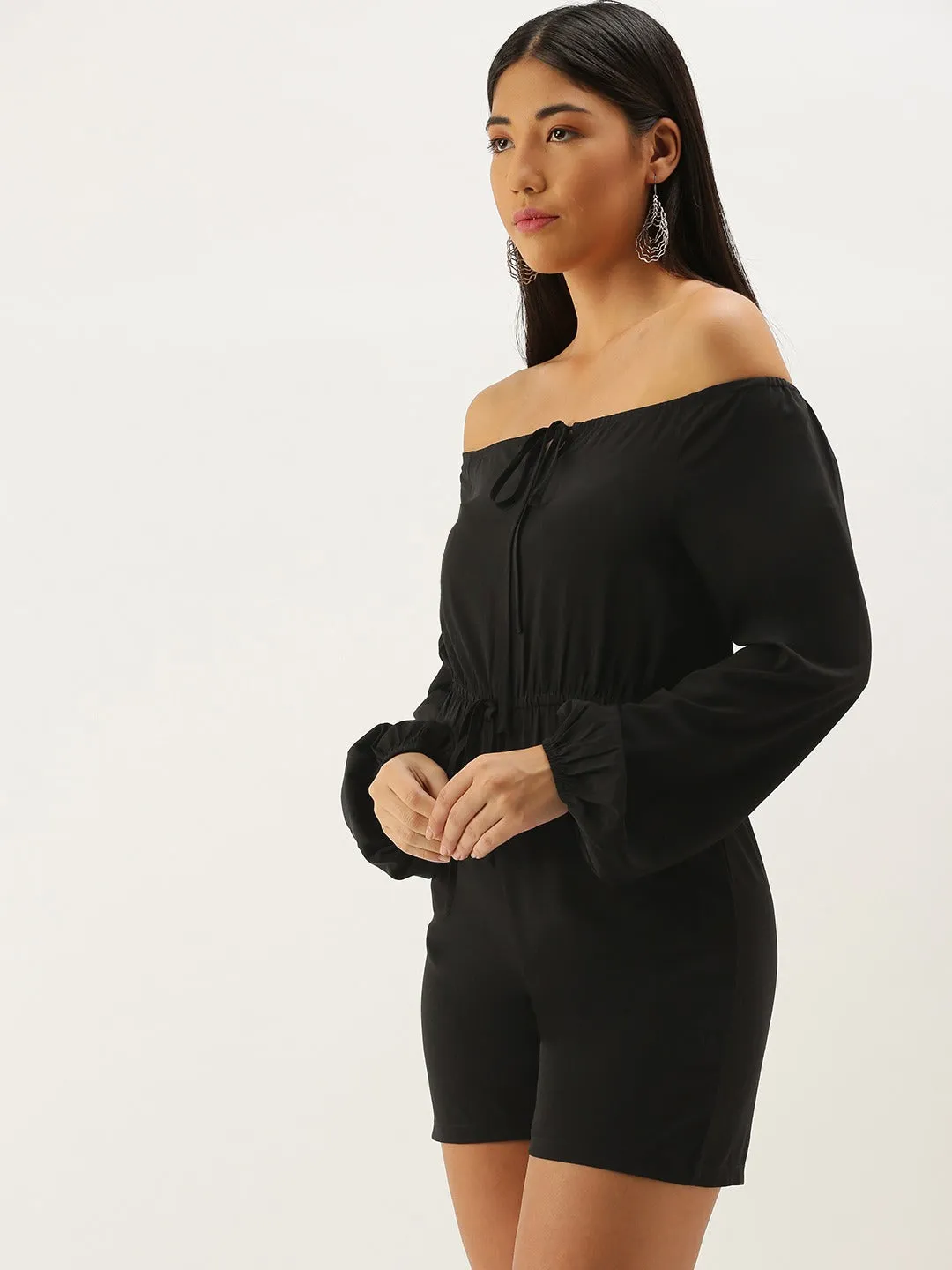 Berrylush Women Solid Black Off-Shoulder Neck Puff Sleeves Tie-Up Front Regular Mini Jumpsuit