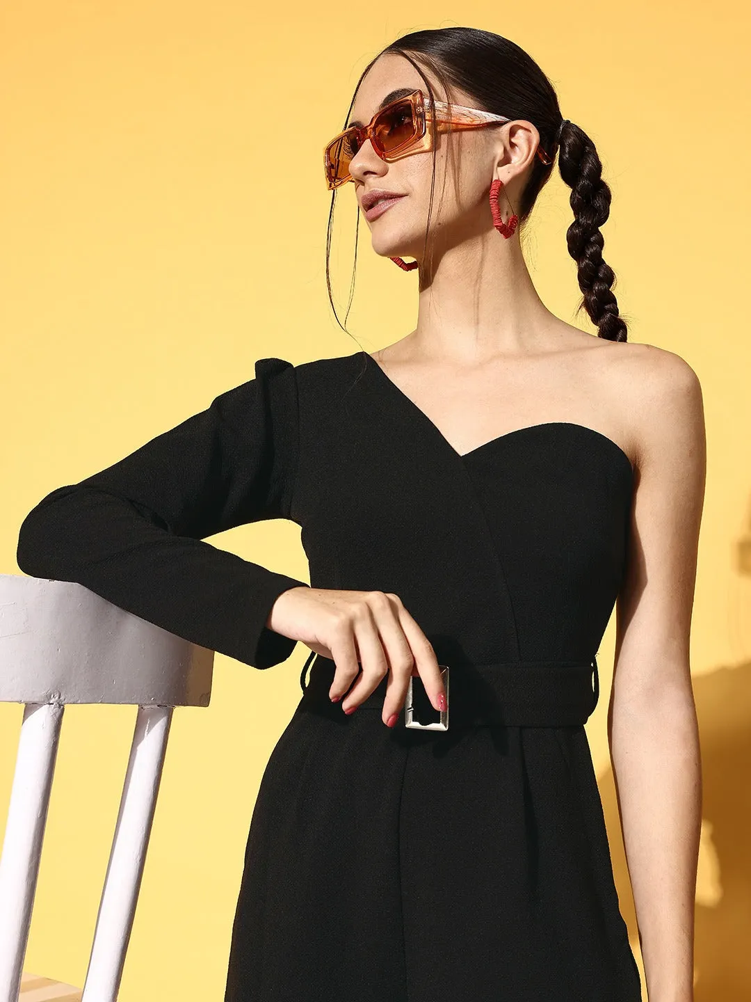 Berrylush Women Solid Black One-Shoulder Neck Long Sleeve Waist Belted Mini Jumpsuit