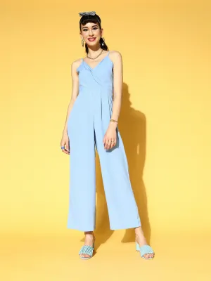 Berrylush Women Solid Blue V-Neck Sleeveless Gathered Wrap Basic Jumpsuit