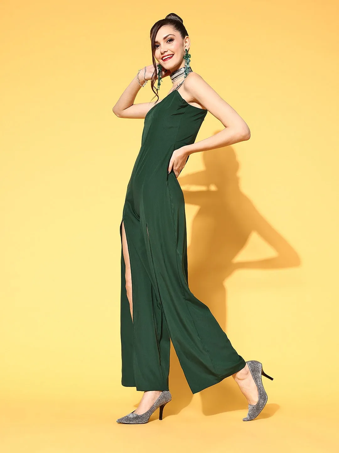 Berrylush Women Solid Green Sweetheart Neck Double-High Slit Culotte Jumpsuit