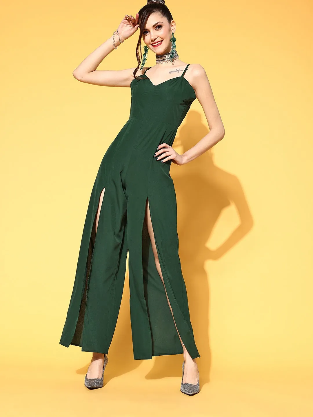 Berrylush Women Solid Green Sweetheart Neck Double-High Slit Culotte Jumpsuit