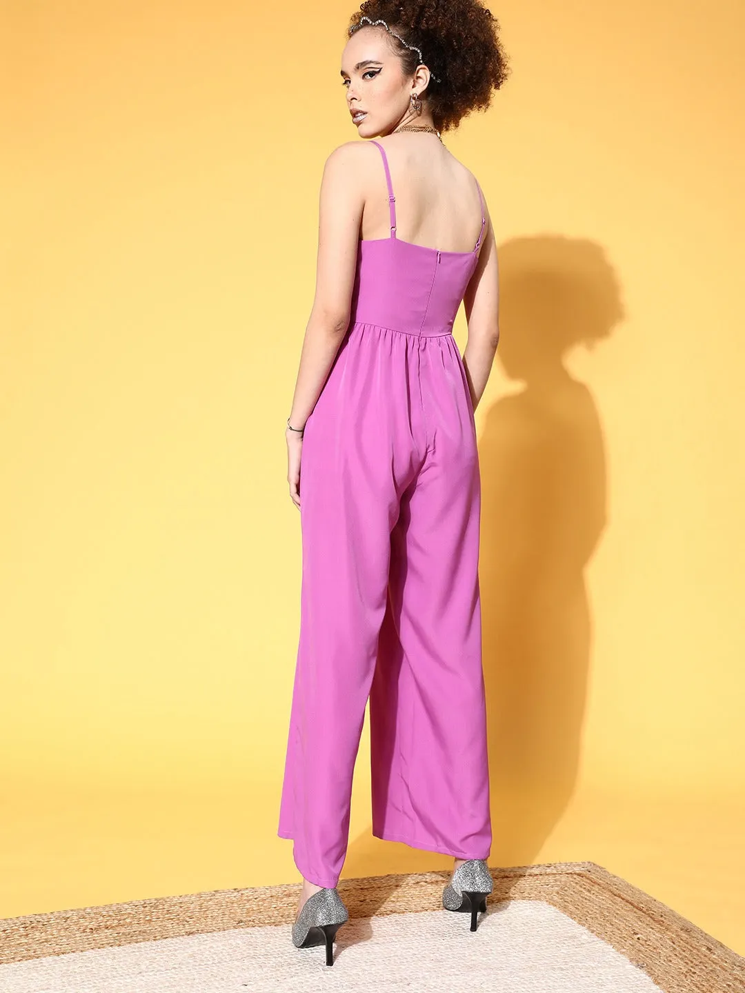 Berrylush Women Solid Lavender Round Neck Sleeveless Gathered Jumpsuit