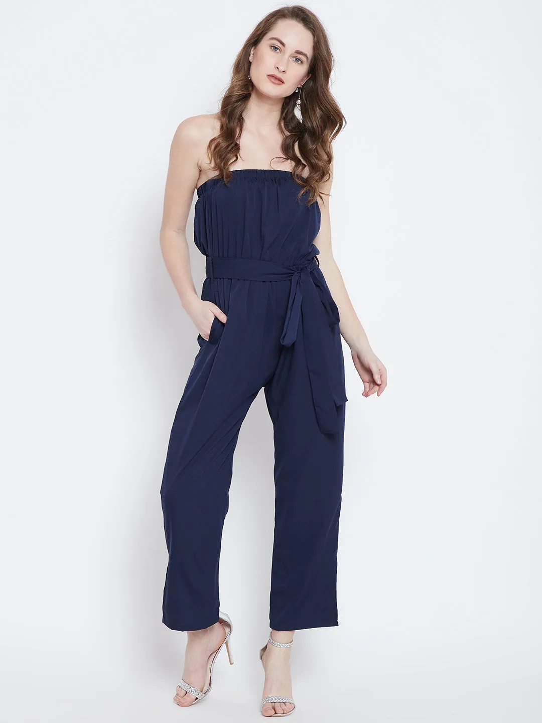 Berrylush Women Solid Navy Blue Off-Shoulder Waist Tie-Up Slited Jumpsuit