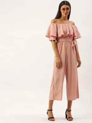 Berrylush Women Solid Pink Off Shoulder Culotte Jumpsuit