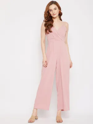 Berrylush Women Solid Pink V-Neck Sleeveless Faux Wrap Regular Jumpsuit